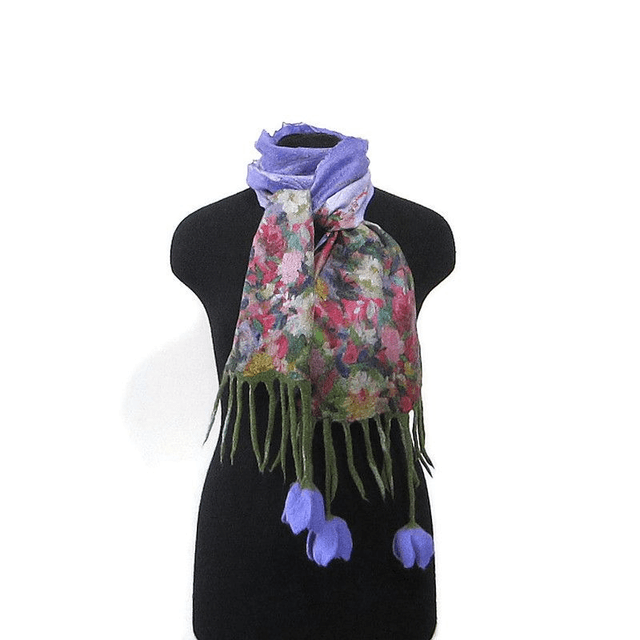Sciarpa lana merino seta infeltrita fiori tulipani Sciarpa Fatto a mano viola lunga donna regali unici donne regalo ragazza Sciarpa bohémien