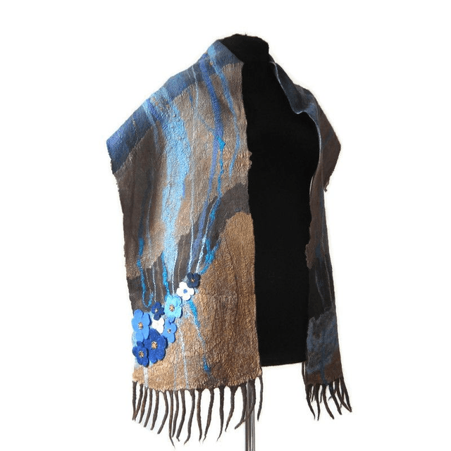 Sciarpa in feltro lana merino seta calda Sciarpa marrone blu lungo donne fatto a mano regalo per lei