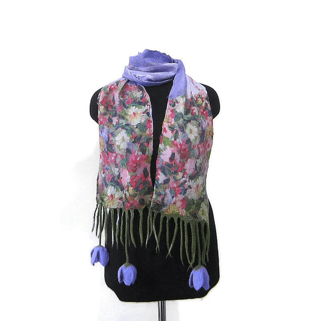 Sciarpa lana merino seta infeltrita fiori tulipani Sciarpa Fatto a mano viola lunga donna regali unici donne regalo ragazza Sciarpa bohémien
