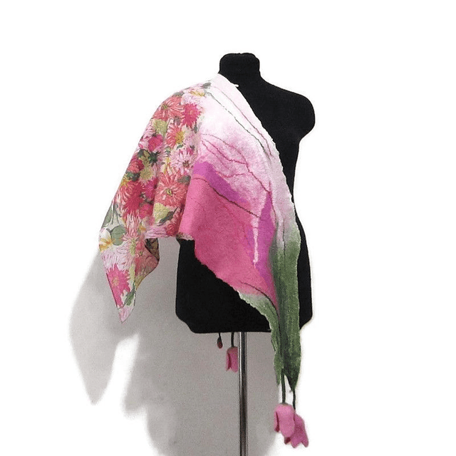 Scialle Bactus lana merino seta feltro Fatto a mano scialle infeltrimento fiori tulipani Sciarpa rosa donna Scialle Regalo unico
