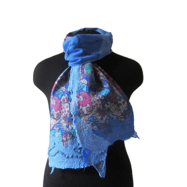 Sciarpa blu in feltro lana merino seta calda Sciarpa lunga donna infeltrita realizzata a mano