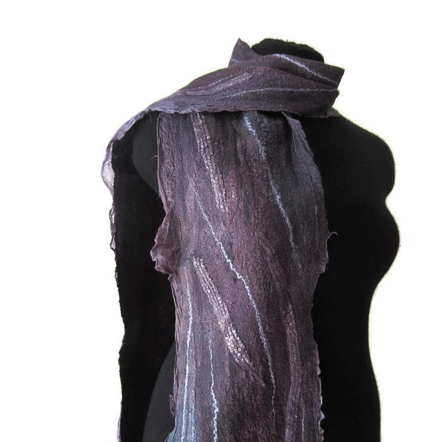 Sciarpa black gray burgundy seta lana infeltrita Sciarpa lunga calda Sciarpa fatto a mano regali unici per le donne