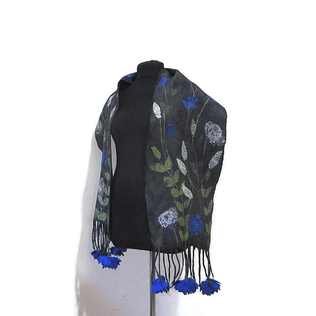 Sciarpa art feltro calda lunga infeltrita lana merino seta perline nero stola fatto a mano infeltrimento blu fiori regalo unico per le donne