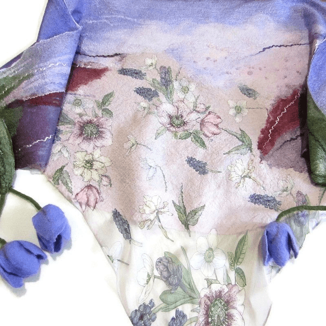 Scialle Bactus lana merino seta feltro Fatto a mano scialle Caldo infeltrimento fiori tulipani Sciarpa Viola donna Scialle Regalo unico