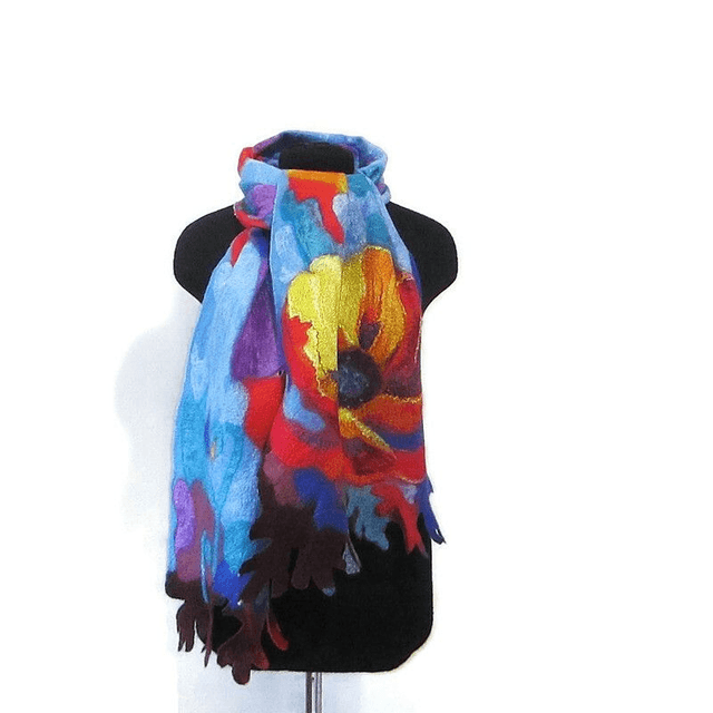 Arte Sciarpa feltro di lana merino seta Stola modello astratto giallo blu infeltrimento fatto a mano Sciarpa caldo regalo unico per le donne