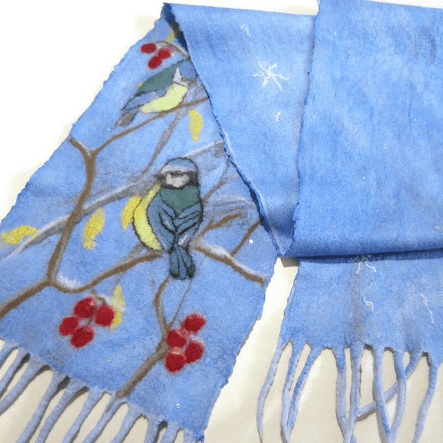 Sciarpa Donne feltro blu lana merino seta calda Sciarpa lungo paillettes regalo per donna infeltrita fatta a mano