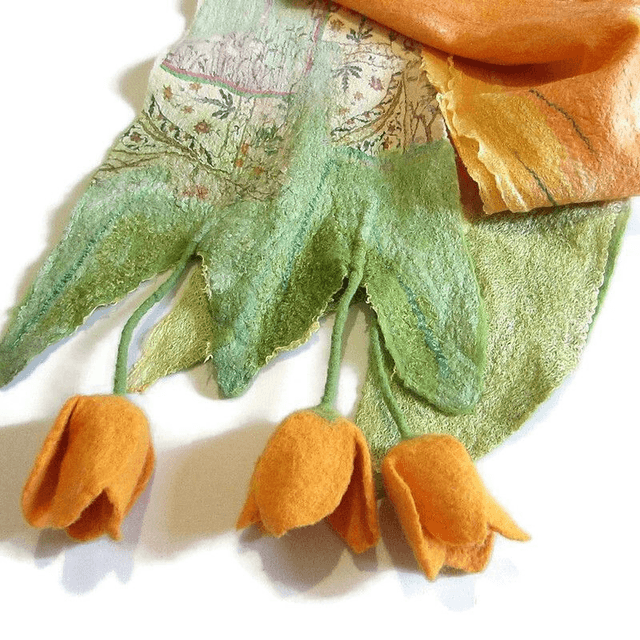 Sciarpa Arancia lana merino seta infeltrita Sciarpa lunga calda donna fatto a mano regali unici per le donne Stile boho chic