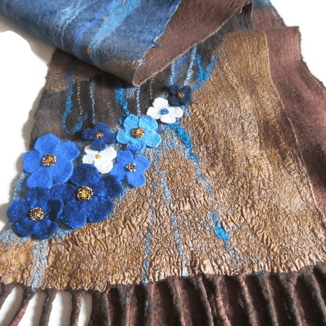 Sciarpa in feltro lana merino seta calda Sciarpa marrone blu lungo donne fatto a mano regalo per lei