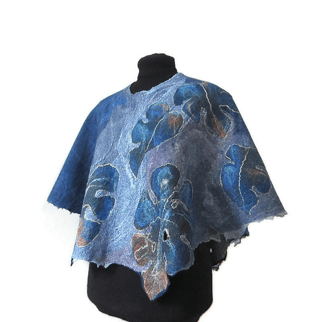 Art Poncho donna lana seta blu verde foglie dorate feltro fatto a mano regali unici per le donne