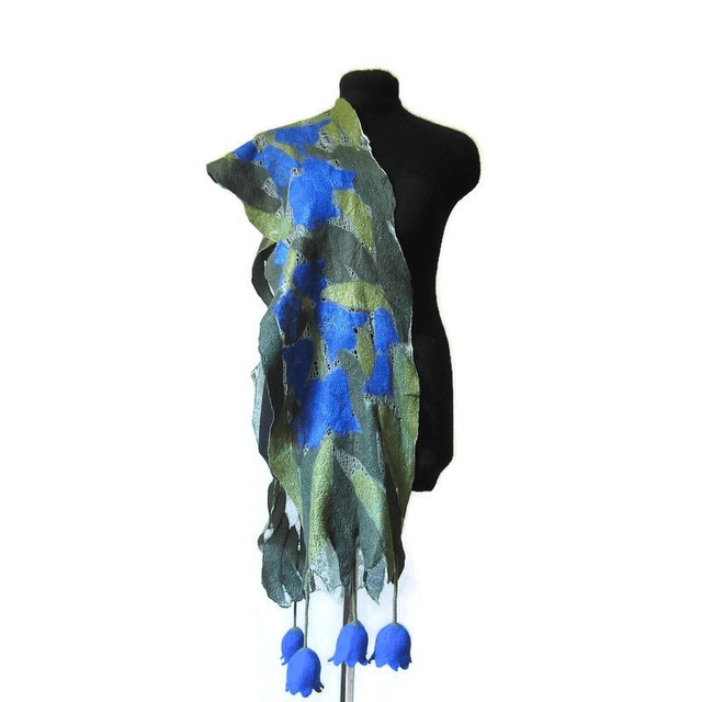 Sciarpa blu seta lana merino feltro Sciarpa fatta a mano infeltrimento fiori Sciarpa lunga calda Sciarpa donna Regali unici per lei