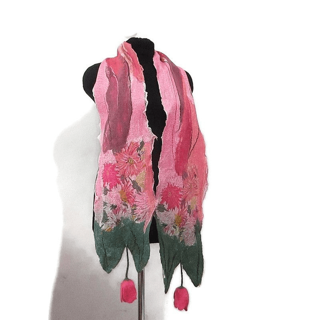 Sciarpa feltro di lana seta Sciarpa rosa lunga calda Sciarpa da donna fiori infeltrimento fatta a mano regali unici per le donne