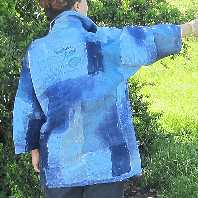 Cardigan Cappotto feltro lana merino seta blu Cappotto fatto a mano da donna Boho