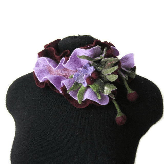 Scarf neckpiece felted wool merino felting Handmade Scarf lavender burgundy color Gift unique for her Scarf little Scarf women girls.