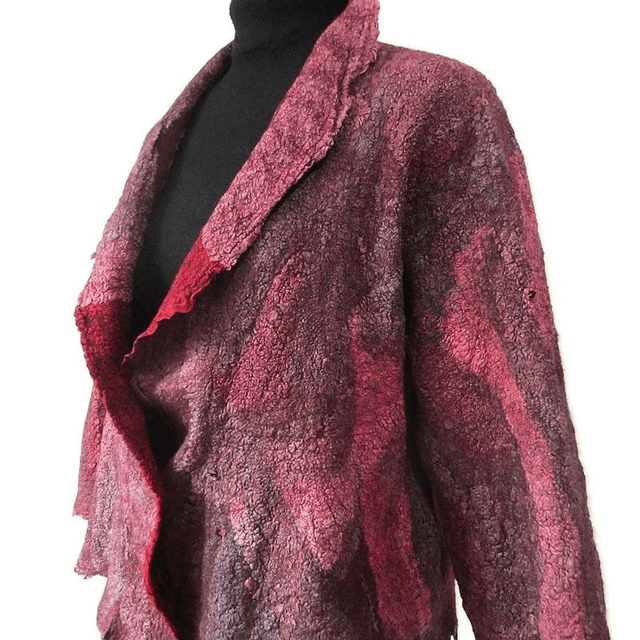 Cardigan feltro lana merino seta con paillettes morbido giacca infeltrimento giacca boho bordeaux fatta a mano calda per donna