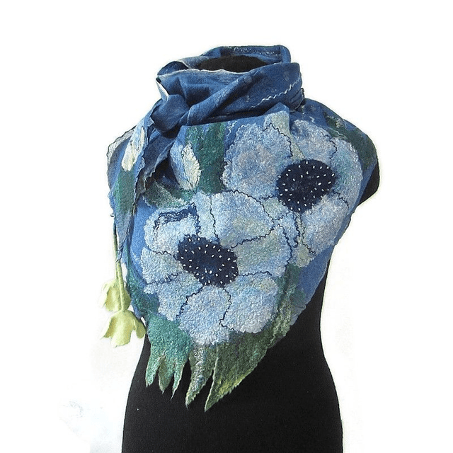 Scialle lana merino seta perline Scialle feltro fiori di lana fatto a mano bactus infeltrimento blu donna Regalo unico per le donne
