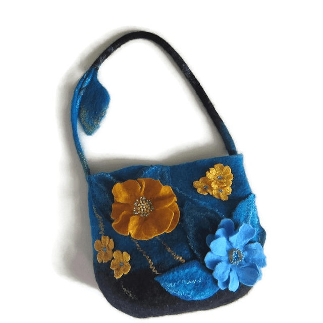 Bag women handmade wool felted shoulder Bag blue turquoise yellow mustard gift for women unique bag for girl bag boho flowers felt handiwork