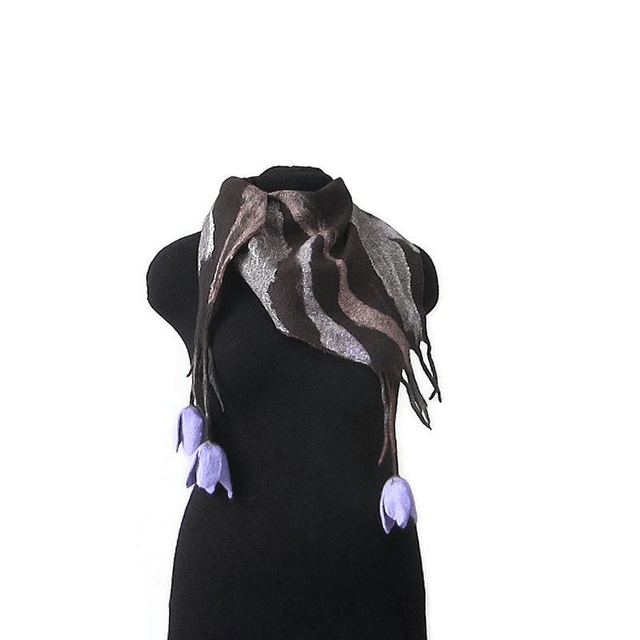 Sciarpa collo piccola lana merino seta infeltrita Fatto a mano Sciarpa marrone donna ragazza calda croco fiori lavanda Regali unici per lei