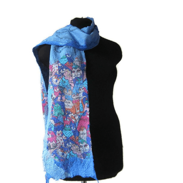 Sciarpa blu in feltro lana merino seta calda Sciarpa lunga donna infeltrita realizzata a mano