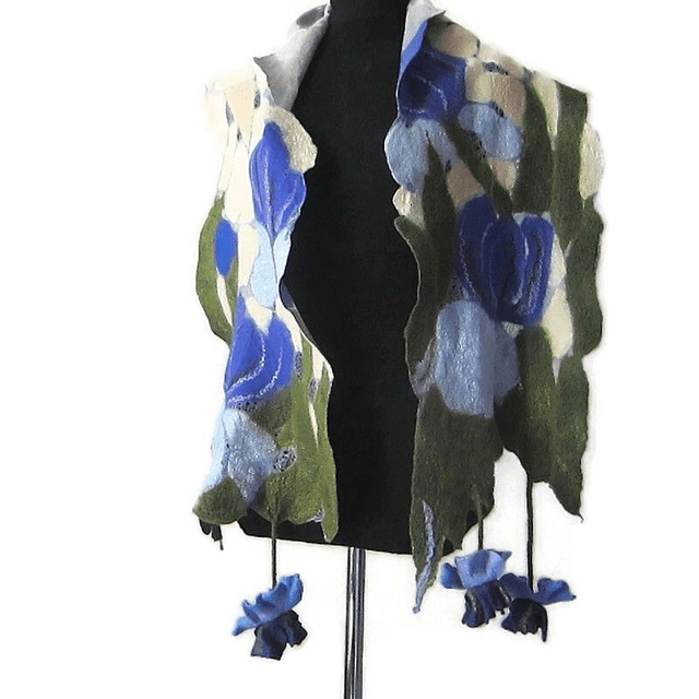 Sciarpa Beige verde seta lana merino feltro Sciarpa fatta a mano infeltrimento fiori Iris Sciarpa lunga calda donna Regalo unico