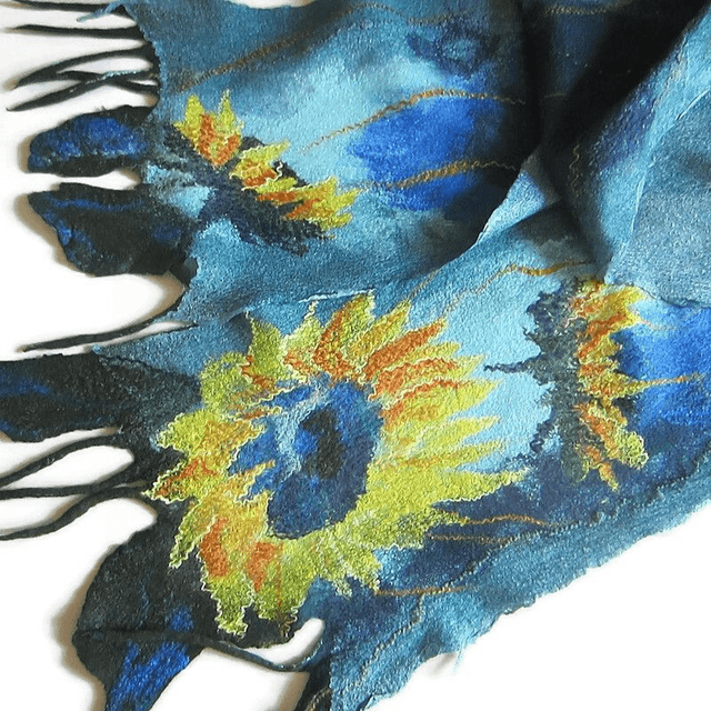 Sciarpa d'arte lana merino seta infeltrita Sciarpa Blu turchese feltro fatto a mano Stola per donna ragazza