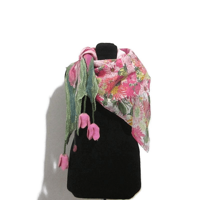 Scialle Bactus lana merino seta feltro Fatto a mano scialle infeltrimento fiori tulipani Sciarpa rosa donna Scialle Regalo unico