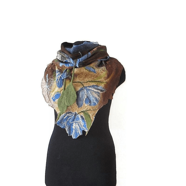Scialle lana merino seta Scialle feltro fatto a mano scialle caldo bactus infeltrimento blu brown donna Regalo unico per le donne