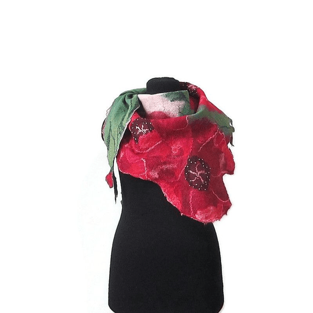 Scialle arte donna papaveri perline fiori feltro lana merino seta viscosa infeltrimento Scialle fatto a mano caldo rosso verde Regalo unico
