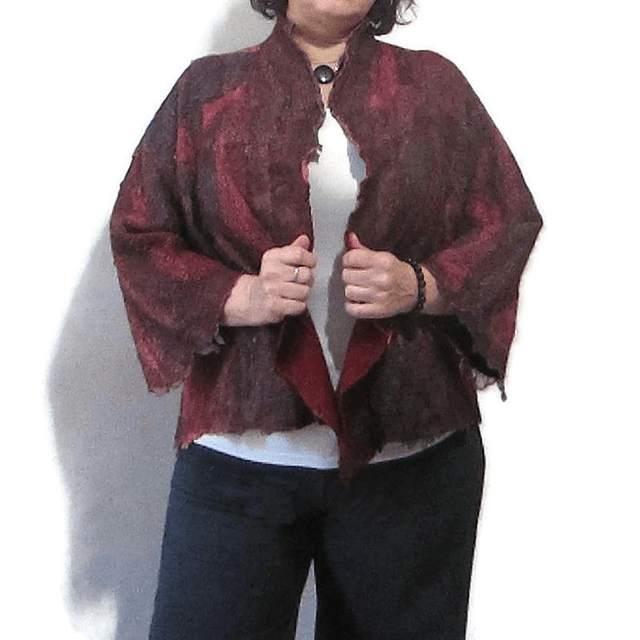 Cardigan feltro lana merino seta con paillettes morbido giacca infeltrimento giacca boho bordeaux fatta a mano calda per donna