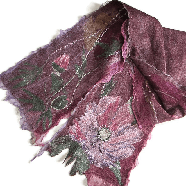 Sciarpa feltro lana merino seta Sciarpa artistica Caldo Sciarpa lunga Borgogna Infeltrimento fatto a mano regalo unico per le donne
