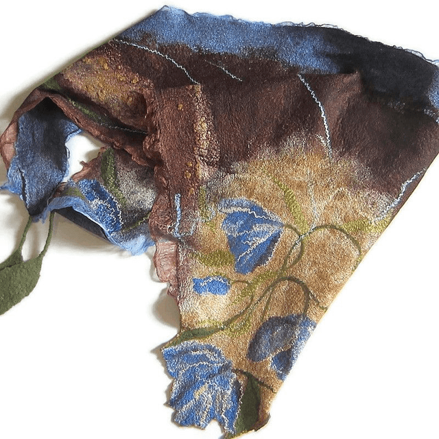 Scialle lana merino seta Scialle feltro fatto a mano scialle caldo bactus infeltrimento blu brown donna Regalo unico per le donne