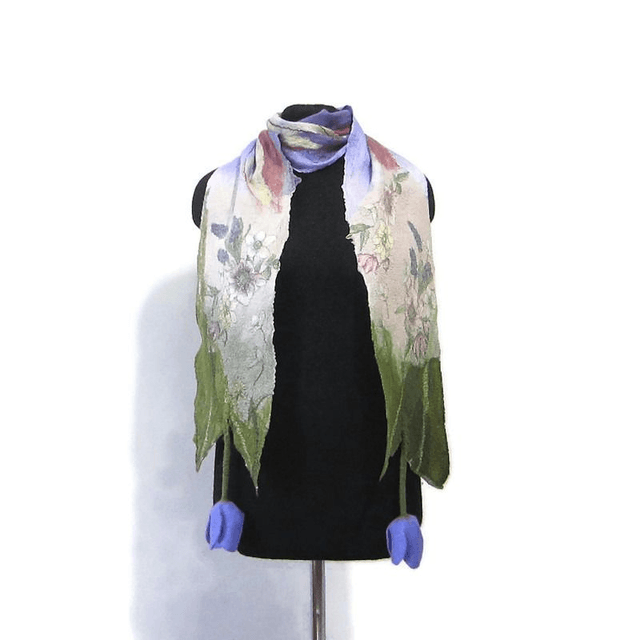 Sciarpa lana merino seta infeltrita fiori Sciarpa realizzata a mano lilla lunga Calda donna fatto a mano regali unici donne regalo ragazza