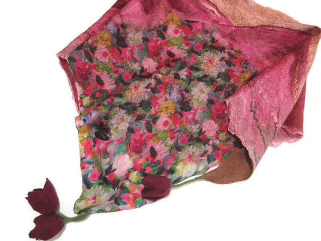 Scialle Bactus lana merino seta feltro Fatto a mano scialle Caldo infeltrimento fiori tulipani Sciarpa rosso donna Scialle Regalo unico