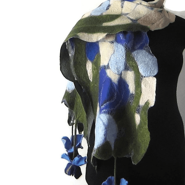 Sciarpa Beige verde seta lana merino feltro Sciarpa fatta a mano infeltrimento fiori Iris Sciarpa lunga calda donna Regalo unico