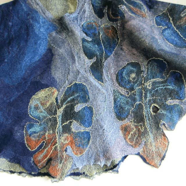 Art Poncho donna lana seta blu verde foglie dorate feltro fatto a mano regali unici per le donne