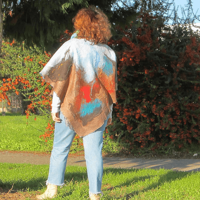 Poncho donna lana merino seta feltro fatto a mano regalo unico per lei Poncho blu marrone infeltrimento mantello boho