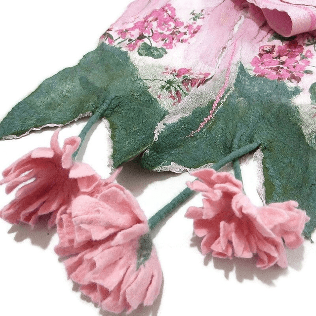 Sciarpa lana merino seta infeltrita fiori feltro Sciarpa rosa lunga calda donna fatto a mano regali unici per donne ragazza