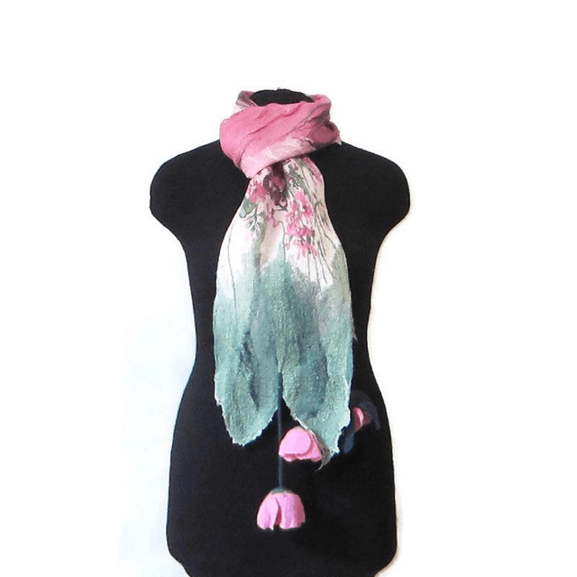 Sciarpa lana merino seta infeltrita fiori Sciarpa rosa lunga calda donna fatto a mano regali unici per le donne