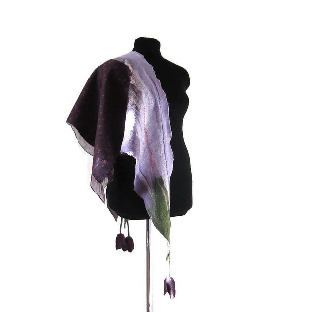 Sciarpa lavanda viola Bactus lana merino seta Feltro Fatto a mano scialle infeltrito infeltrimento fiori donna Scialle Regalo unico ragazze
