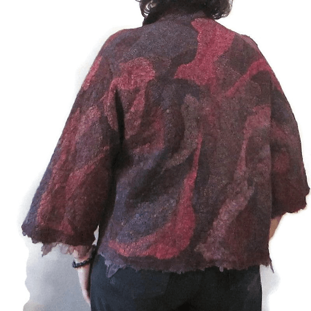 Cardigan feltro lana merino seta con paillettes morbido giacca infeltrimento giacca boho bordeaux fatta a mano calda per donna
