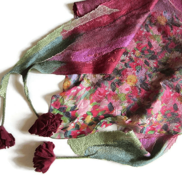 Scialle Bactus lana merino seta feltro Fatto a mano scialle infeltrimento fiori Sciarpa Borgogna donna Scialle Regalo unico