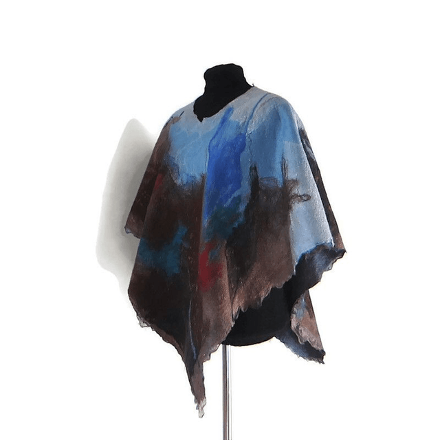 Poncho donna lana merino seta feltro fatto a mano regalo unico per lei Poncho blu marrone infeltrimento mantello boho
