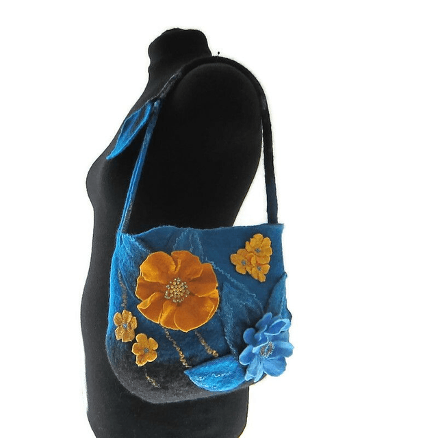 Bag women handmade wool felted shoulder Bag blue turquoise yellow mustard gift for women unique bag for girl bag boho flowers felt handiwork