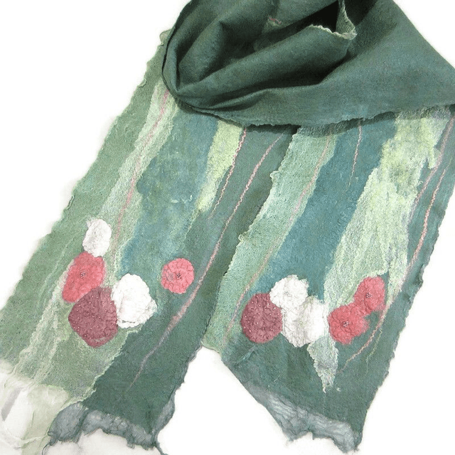 Sciarpa Donna Feltro Verde Lana Merino Seta Sciarpa Con Paillettes infeltrita fatto a mano