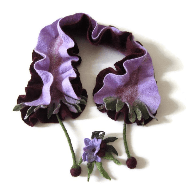 Scarf neckpiece felted wool merino felting Handmade Scarf lavender burgundy color Gift unique for her Scarf little Scarf women girls.