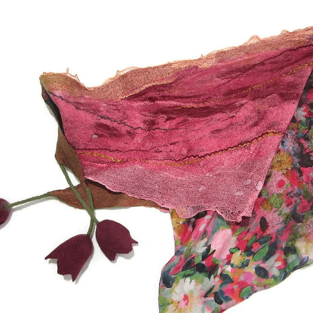 Scialle Bactus lana merino seta feltro Fatto a mano scialle Caldo infeltrimento fiori tulipani Sciarpa rosso donna Scialle Regalo unico