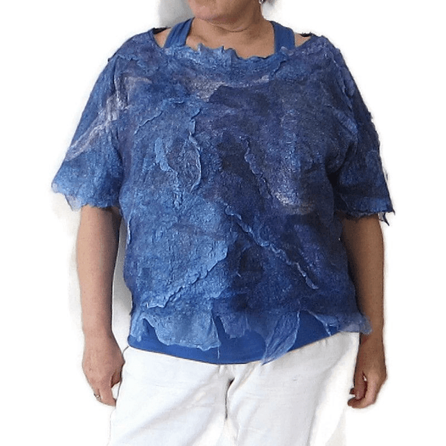 Camicetta da donna in feltro di lana merino fatta a mano Camicetta blu manica corta senza cuciture stile boho