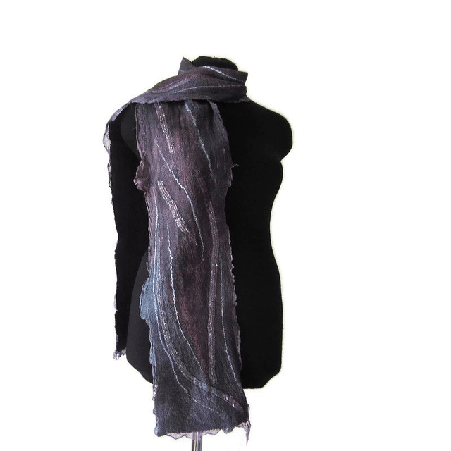 Sciarpa black gray burgundy seta lana infeltrita Sciarpa lunga calda Sciarpa fatto a mano regali unici per le donne