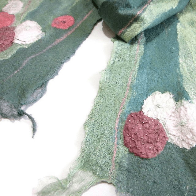 Sciarpa Donna Feltro Verde Lana Merino Seta Sciarpa Con Paillettes infeltrita fatto a mano