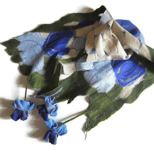 Sciarpa Beige verde seta lana merino feltro Sciarpa fatta a mano infeltrimento fiori Iris Sciarpa lunga calda donna Regalo unico