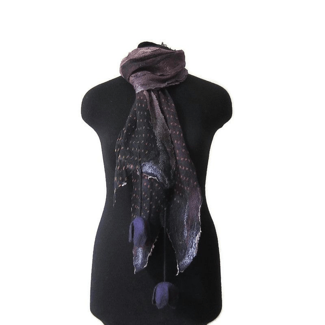 Sciarpa lana merino seta infeltrita fiori tulipani Sciarpa colore nero viola lunga calda donna fatto a mano regali unici per le donne